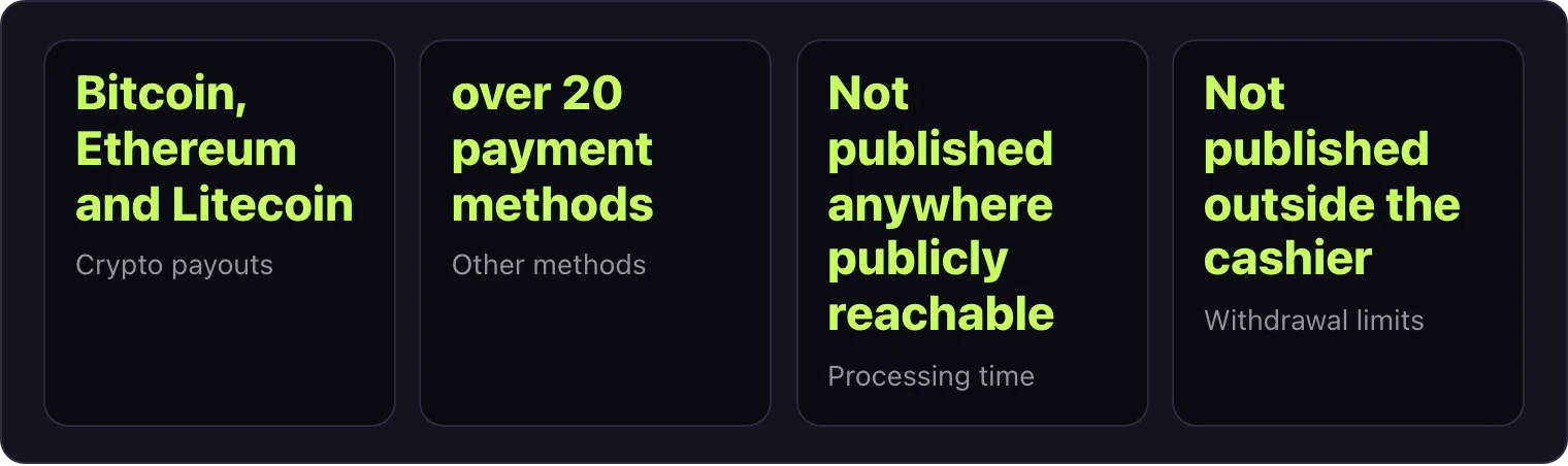 Four tiles showing crypto, payment methods, processing time, and limits
