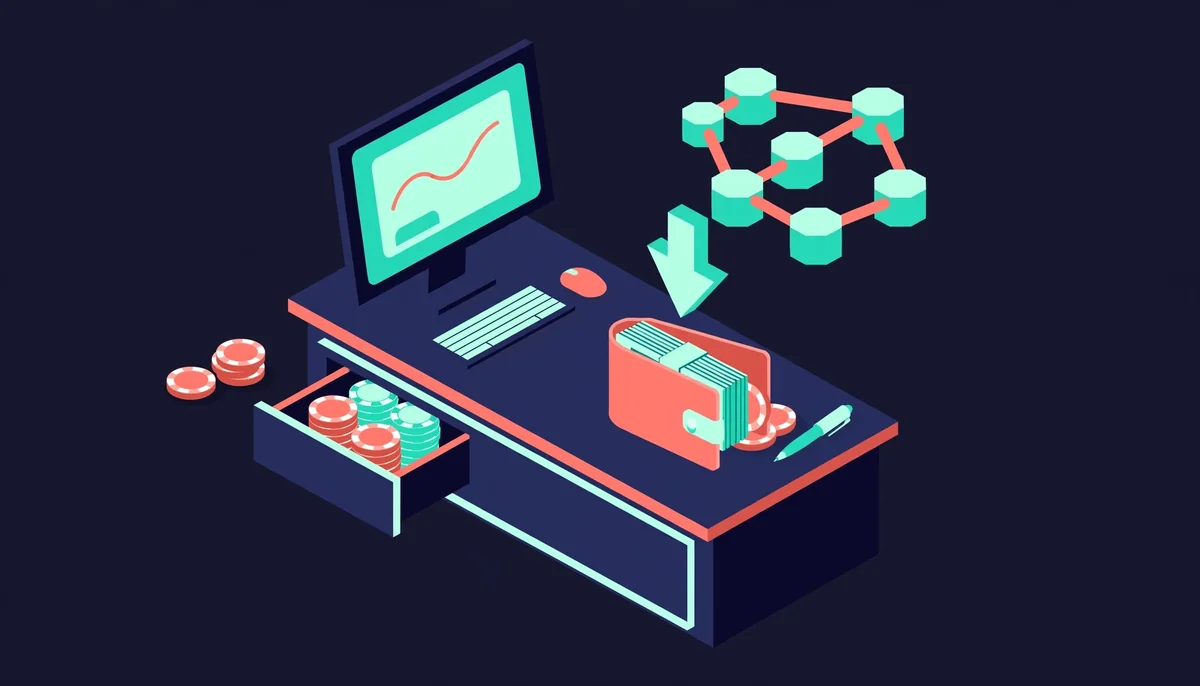 Isometric scene of a casino cashier desk with computer and wallet